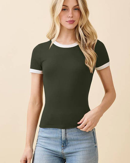 JT56633 - CREW NK CONTRAST BINDING RINGER SHORT SLV TOP
