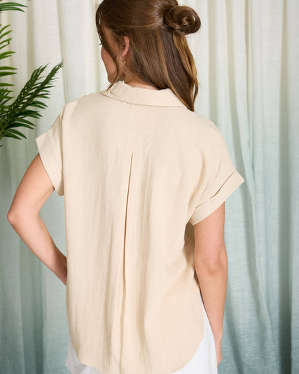 COLLARED SPLIT NECK CUFF SLEEVE U HEM LINEN TOP