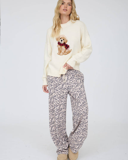 INTARSIA PUPPY CREW NECK RELAXED SWEATER