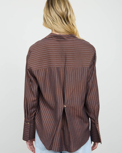 STRIPE COLLARED BACK BUTTON DETAIL LONG SLEEVE TOP