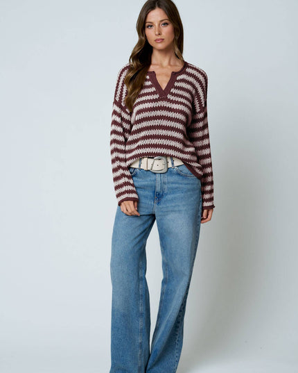 STRIPE RAW EDGE SPLIT NECK SHEER KNIT SWEATER
