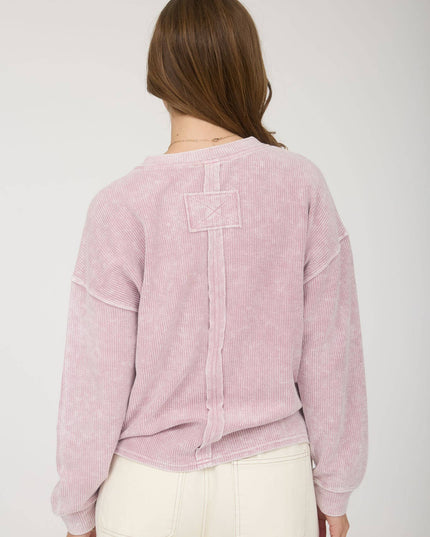 WASHED POCKET DETAIL LONG SLEEVE RIB KNIT TOP