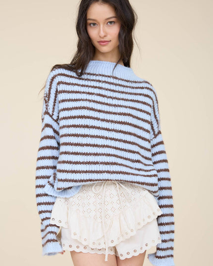 STRIPE ROLLED EDGE DETAIL LONG SLEEVE KNIT SWEATER