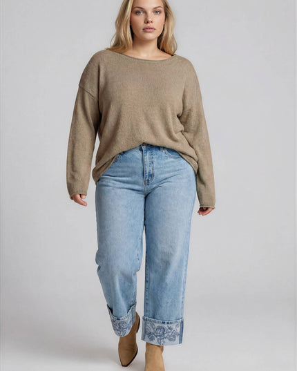 PLUS TEXTURED RAW EDGE LONG SLEEVE KNIT SWEATER