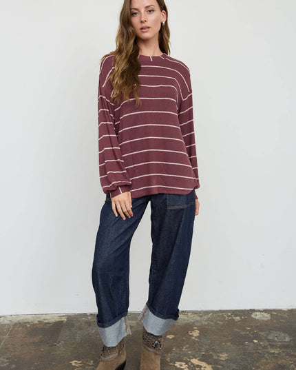 STRIPE LONG SLEEVE CUFFED RELAXED KNIT TOP