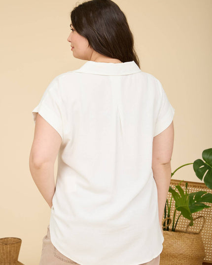 PLUS COLLARED SPLIT NECK CUFF SLEEVE LINEN TOP