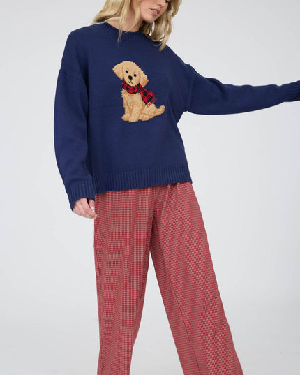 INTARSIA PUPPY CREW NECK RELAXED SWEATER