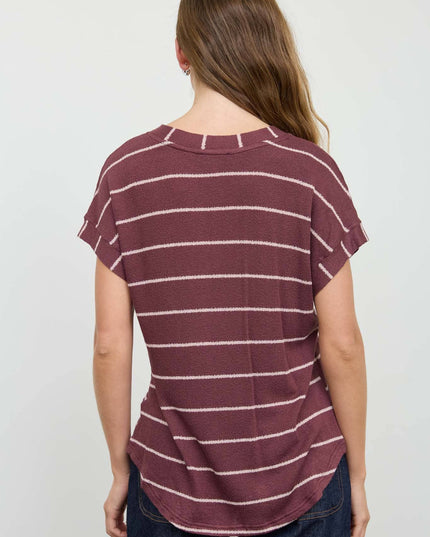 STRIPE V NECK CUFFED SLEEVE KNIT TOP