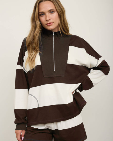WIDE STRIPE HALF ZIP LONG SLEEVE KNIT TOP