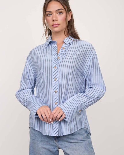 STRIPE COLLARED BACK BUTTON DETAIL LONG SLEEVE TOP