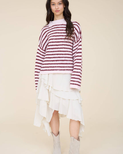 STRIPE ROLLED EDGE DETAIL LONG SLEEVE KNIT SWEATER