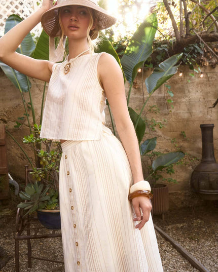 STRIPE SLEEVELESS SIDE BUTTON DETAIL TOP