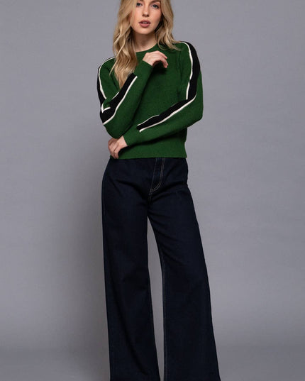 Long Sleeve Round Neck Sleeve Line Detail Sweater