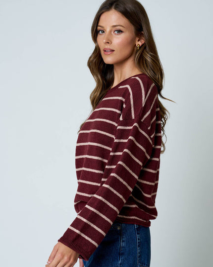 STRIPE TEXTURED RAW EDGE LONG SLEEVE KNIT SWEATER