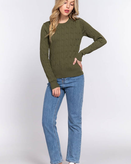 Long Sleeve Round Neck Cable Sweater