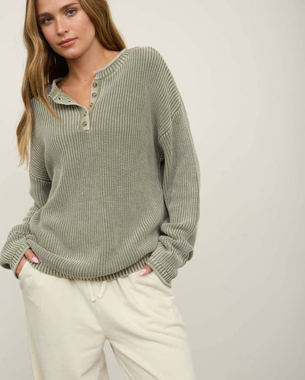 WASHED RIBBED HENLEY DROP SHOULDER KNIT SWEATER