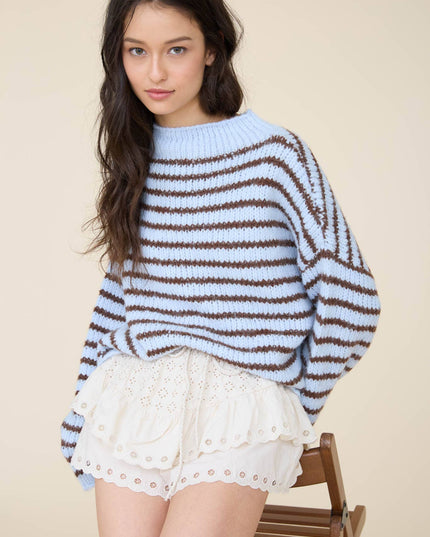 STRIPE ROLLED EDGE DETAIL LONG SLEEVE KNIT SWEATER