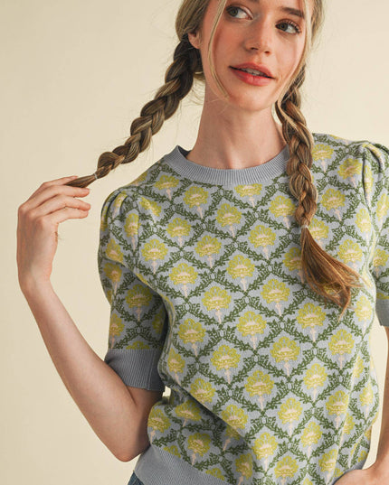 FLORAL PATTERN SHORT SLEEVE SWEATER MSW10860