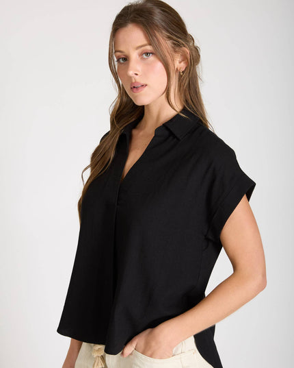 COLLARED SPLIT NECK CUFF SLEEVE U HEM LINEN TOP