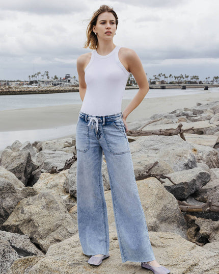 HIGH RISE DRAWSTRING WAISTBAND WIDE LEG JEANS F6065