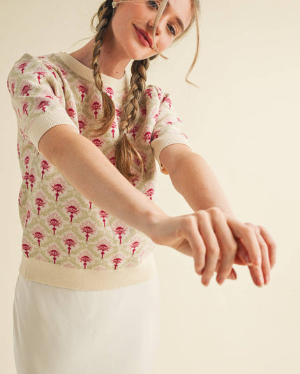 FLORAL PATTERN SHORT SLEEVE SWEATER MSW10860
