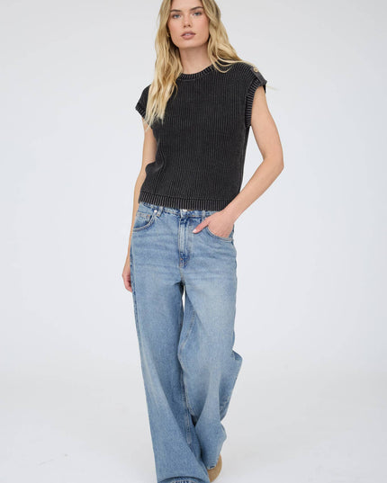 ACID WASHED TAB SLEEVE BACK BUTTON KNIT TOP