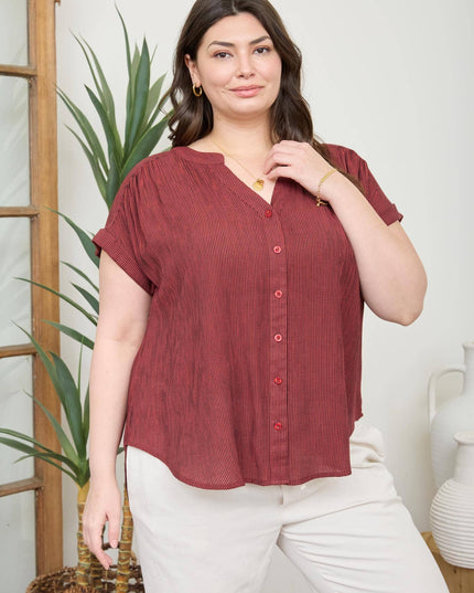 PLUS PINSTRIPE SHORT CUFF SLEEVE BUTTON DOWN SHIRT