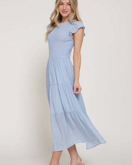 Ruffle Sleeve Crew Neck Smocked Detail Solid Tired Dress