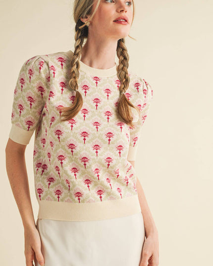 FLORAL PATTERN SHORT SLEEVE SWEATER MSW10860