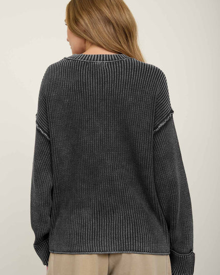 WASHED RIBBED LONG SLEEVE FOLDED CUFF KNIT SWEATER