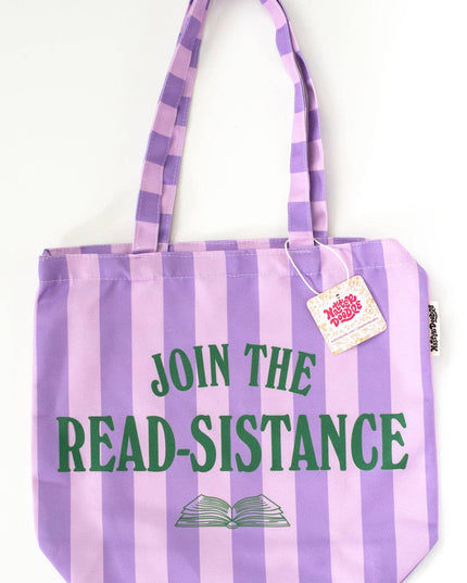 Join the Read-sistance Book Activism Purple Stripe Tote Bag