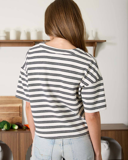 STRIPE SHORT SLEEVE BOXY HENLEY KNIT TOP