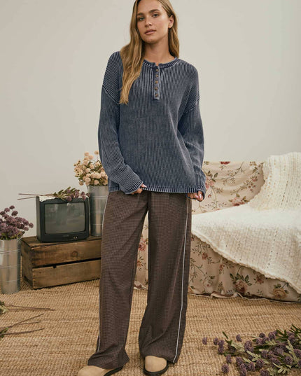WASHED RIBBED HENLEY DROP SHOULDER KNIT SWEATER