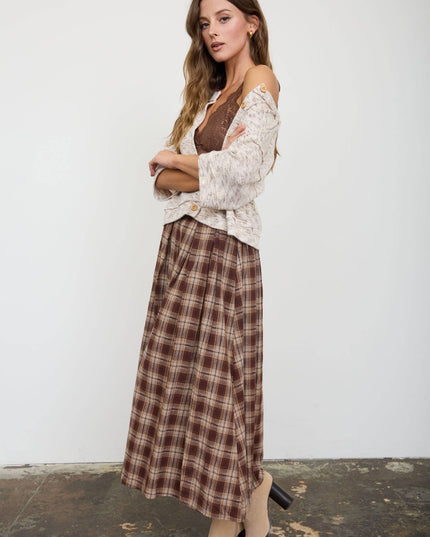 PLAID PLEATED SIDE SLIT MIDI SKIRT