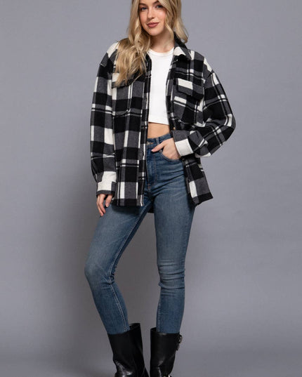 Long Sleeve Check Printed Fleece Shacket