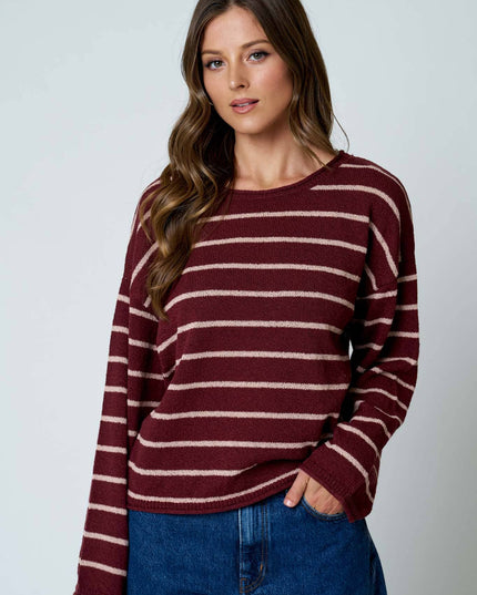 STRIPE TEXTURED RAW EDGE LONG SLEEVE KNIT SWEATER