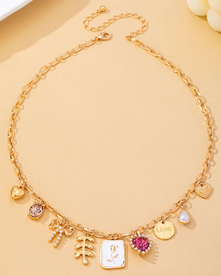 Romantic Pink Heart & Bow Multi-Charm Necklace | 80N93409
