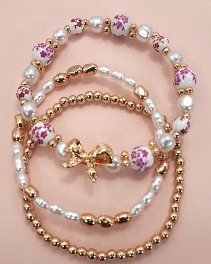 PINK CERAMIC PORCELAIN BOW MULTI LAYER BRACELET | 80B1340