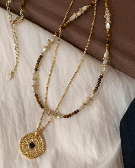MULTI LAYER BEADED CHAIN COIN CHARM NECKLACE | 40NK9622