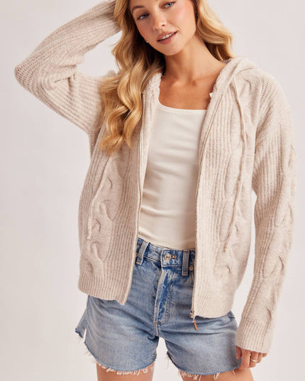 ZIP-UP CABLE KNIT SWEATER CARDIGAN WITH HOOD