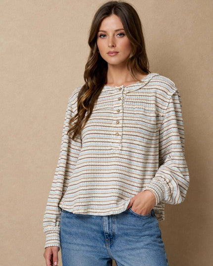 MULTICOLOR STRIPE LONG SLEEVE YOKE DETAIL KNIT TOP
