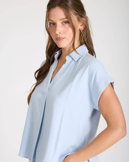COLLARED SPLIT NECK CUFF SLEEVE U HEM LINEN TOP