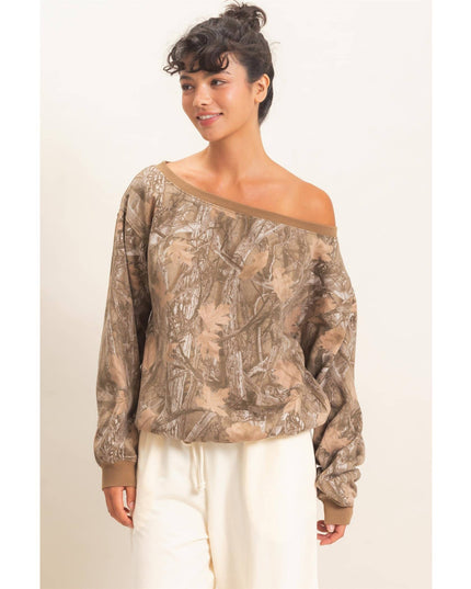 Tree Camouflage Print Off The Shoulder Sweatshirt