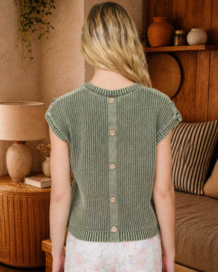 ACID WASHED TAB SLEEVE BACK BUTTON KNIT TOP