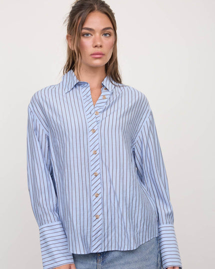 STRIPE COLLARED BACK BUTTON DETAIL LONG SLEEVE TOP