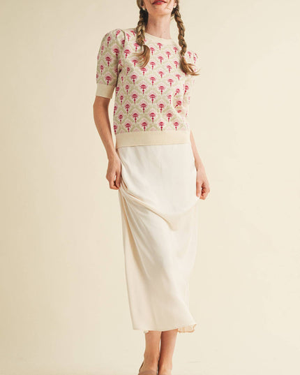 FLORAL PATTERN SHORT SLEEVE SWEATER MSW10860