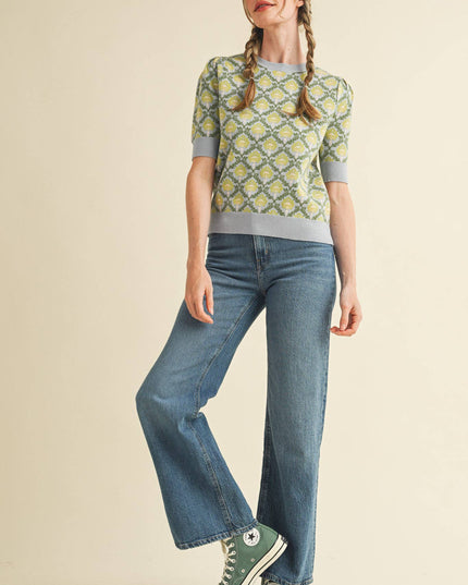 FLORAL PATTERN SHORT SLEEVE SWEATER MSW10860