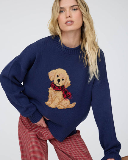 INTARSIA PUPPY CREW NECK RELAXED SWEATER