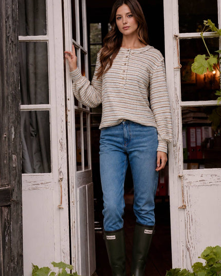 MULTICOLOR STRIPE LONG SLEEVE YOKE DETAIL KNIT TOP