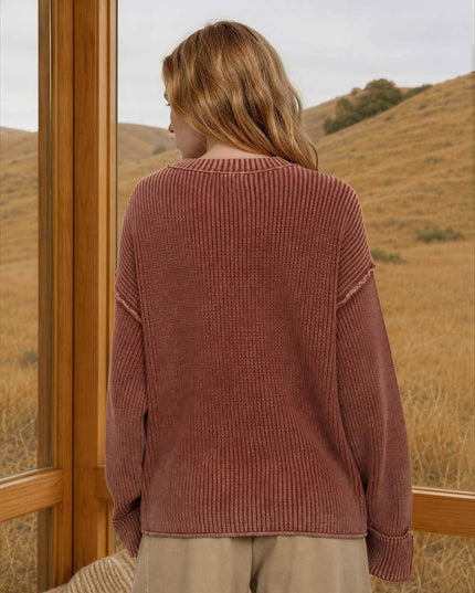 WASHED RIBBED LONG SLEEVE FOLDED CUFF KNIT SWEATER